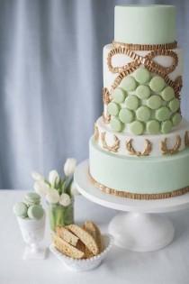 wedding photo - Mint Green Macarons & Gold Wedding Cake 