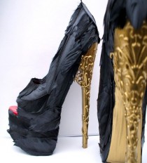 wedding photo - Feather Black Pumps W/ Gold Brocade Heel - Any Size - Alexander McQueen Tribute