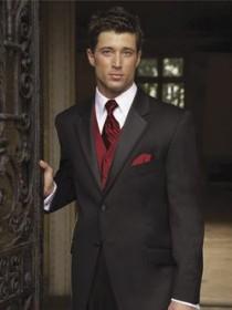 wedding photo - Black Suit Red Vest For Groomsmen 