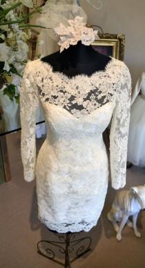 wedding photo - Couture Short Wedding Dress, Long Sleeve - Ivory, Off-White - Size 2, Size 4, Size 6, Size 8, Size 10, Size 12, Size 14