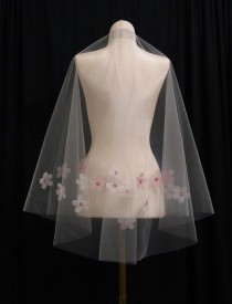 wedding photo - Elbow Length Ivory Wedding Veil With Pink Cherry Blossom Flowers - RESERVED FOR RUTHIE