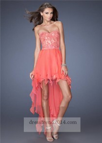 wedding photo -  Coral Floral Lace High Low Prom Dresses 2014