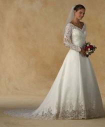 wedding photo - long sleeve lace appliques ivory satin court train wedding dress