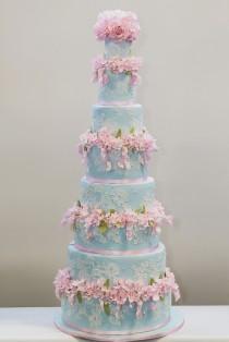 wedding photo - الأزرق Cornelli الرباط كعكة مع الزهور الوردية
