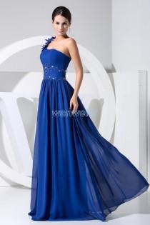 wedding photo -  A-line One-shoulder Floor Length Blue Chiffon Bridesmaid Dress