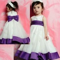 wedding photo -  Simple Scoop Neckline with Bowknot Satin Sash and Petals Adornment White and Purple Flower Girl Dress