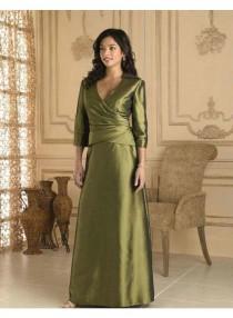 wedding photo -  A-line 3/4 Length Sleeve V-neck Floor-length Elegant Natural Green Satin Mother Dresses WE4557
