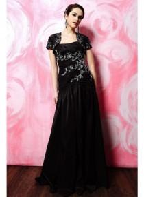 wedding photo -  A-line Strapless Appliques/Sequins Floor-length Black Satin Mother Dresses With Wrap WE4573