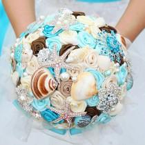 wedding photo -  Dreamy ocean bouquet, shells, crystals, starfish, brooch bouquet. Tiffany blue, sparkling jewelry bridal bouquet