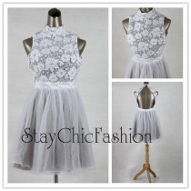 wedding photo -  Floral Lace Embellished Top High Neck Open Back Dress for Prom