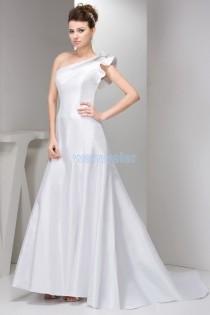 wedding photo -  Oblique Satin Sheath One-shoulder Train White Prom Dress(ZJ6735)