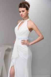 wedding photo -  Halter Split-Front Mermaid Chiffon White Train Prom Dress With Shirring And Drape(ZJ6736)
