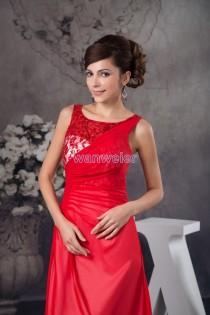 wedding photo -  Scoop-neck Red Sheath Floor Length Chiffon Prom Dress With Lace And Shirring(ZJ6599)