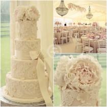 wedding photo - Peonies And Lace Wedding Cake