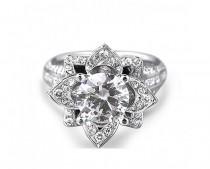 wedding photo -  14K White Gold Flower in Pave Diamond Engagement Ring