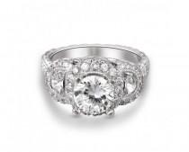 wedding photo -  Platinum Half-Moon Milgrain Halo Pave Diamond Engagement Ring