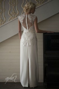 wedding photo - Lange Hochzeitskleid, Elfenbein Hochzeitskleid, Krepp und Spitzenkleid L3 (mit langen und kurzen Röcke)