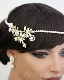 wedding photo - Art Deco Bridal Headpiece, Gold Bridal Halo, Leaves, Pearl Headband, Forehead Band IVY Head Piece