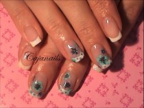 wedding photo - Nail Art: White Glitter French With Turquoise And Purple Flowers