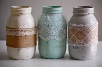 wedding photo - Set Of 3 Painted & Distressed Mason Jars With Lace And Burlap, Farmhouse Decor, Rustic Wedding Decor, Shabby Chic Wedding, Shabby Chic Decor