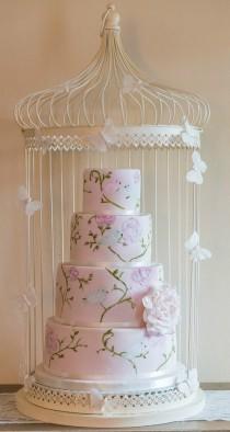 wedding photo - Pale Pink Handpainted Lovebirds Cake 2