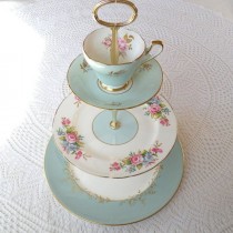 wedding photo - Alice Counts Stars, Vintage China Aqua Blue Cupcake Stand Or 3 Tier Cake Plate For High Tea, Birthday Or Garden Party