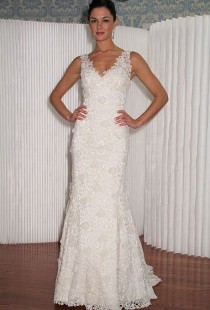 wedding photo - Modern Trousseau - Fall 2012 - Sleeveless Lace Sheath Wedding Dress With A V-Neckline