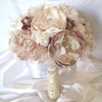 wedding photo - Wedding Bouquet Vintage Inspired Fabric Brooch Bouquet In Ivory Champagne And Dusty Rose With Pearls Rhinestones And Lace Custom Made