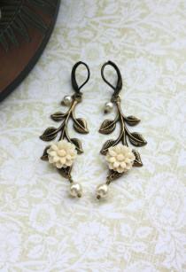 wedding photo - An Ivory Dahlia Flower, Oxidized Brass Leaf, Cream Ivory Pearls Leverback Earrings. Bridesmaids Gifts. Vintage Themed Wedding Earrings