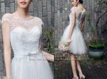 wedding photo - Mellifluous Schatz und Illusion Ausschnitt A-Linie kurzes Hochzeits-Kleid mit Perlenstickerei
