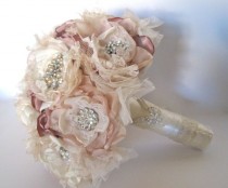 wedding photo - Wedding Bouquet Vintage Inspired Fabric Brooch Bouquet In Ivory Champagne And Dusty Rose With Pearls Rhinestones And Lace Custom Made