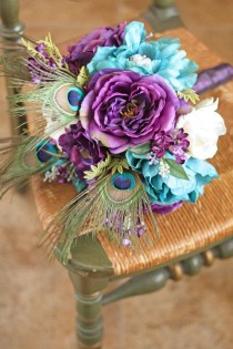 wedding photo - Plum And Teal Jeweled Peacock Wedding Bouquet