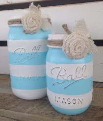 wedding photo - Aqua Blue And White Striped Painted Mason Jars Rustic Summer Decor Painted Jars Beachy Decor