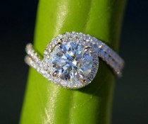wedding photo - Wedding Set - 14k White Gold - Diamond Engagement Ring And Matching Band - Halo - UNIQUE - Thin Swirl - Pave - Bp0013