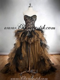 wedding photo - Custom Size Black And Gold Lace Chain And Tulle Burlesque Corset Dress Short In The Front Long Train In The Back