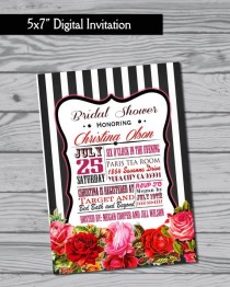 wedding photo - Bridal Shower Invitation / Birthday Invitation / Baby Shower Invitation / Roses / Black And White Stripes / Print Yourself / Digital