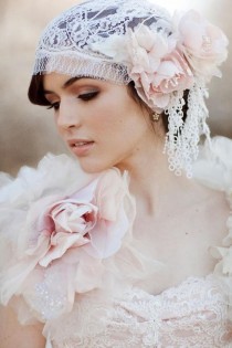wedding photo - Pastel Blush Juliet Bridal Cap Chantilly Lace Silk Veil 740