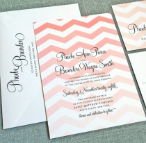 wedding photo - Phoebe Coral Chevron Wedding Invitation Sample - Modern Chevron Pattern Custom Wedding Invitation