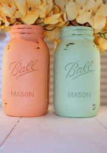 wedding photo - Painted Mason Jars- Peach And Mint Green Painted Mason Jars, Wedding Decor, Bridal Shower Decor