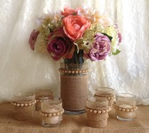 wedding photo -  burlap and lace vase and tea candles