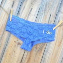wedding photo - BRIDAL Bling Underwear Something Dusty BLUE Cheeky - Lacey Blue With The Words I DO In Rhinestones Size Large - Ships In 24hrs
