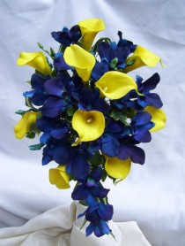 wedding photo -  Tracy's Cascade Bridal Bouquet With Yellow Calla Lilies, Blue Violet Dendrobuim Orchids