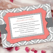 wedding photo - Hochzeits-Einladung, grau und Coral Einladung, Korallen und Silber-Damast-Einladung, IN206