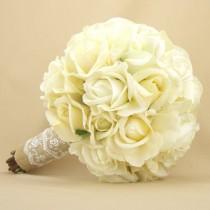 wedding photo - Rustic Bridal Bouquet Burlap Lace Roses Real Touch Silk Wedding Flowers White Cream Ivory