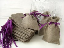 wedding photo - SET OF 50 Natural Rustic Linen Eco Wedding Favors Bag With Purple Ribbon- 4x6"