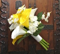 wedding photo - Gelb Blumenstrauß mit Real Touch Calla-Lilien, Frühling Hochzeit, Hochzeit im Sommer, einfache Art, gelb und weiß, Orchideen, So