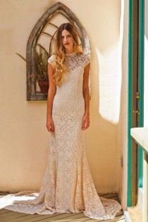 wedding photo - Simple Elegant LACE WEDDING DRESS W/ Cap Sleeve. Sweetheart Low Back Underlay. Stretch Fitted Lace Wedding Gown. Ivory Or White