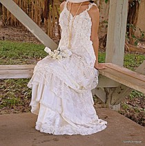 wedding photo - Romantic Bohemian Lace Ruffled Dress Reclaimed Ivory White Wedding Gown Layers Of Vintage Lace, Silk, Tulle, Netting, Hankies, Rosettes