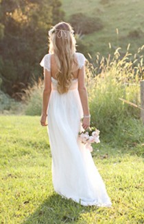 wedding photo - Beautiful Low Back Wedding Dress With Lace Capped Sleeves And Dreamy Silk Chiffon Skirt, Fitted To The Waist