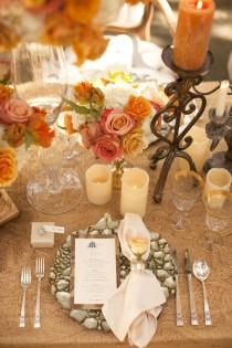 wedding photo - Table Design - Settings And Napkins / Gorgeous Table Setting With Orange And Champagne Flowers.